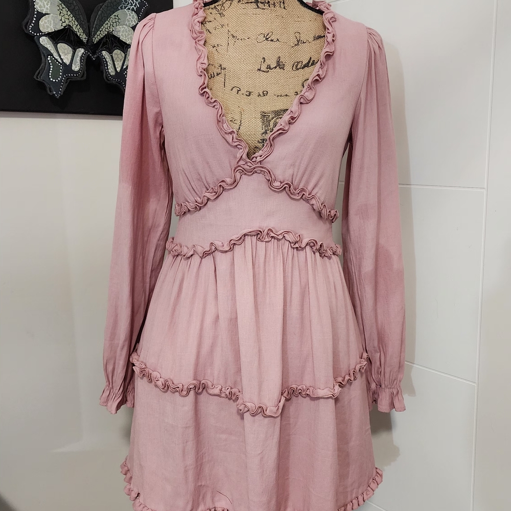 Trixxi Dusty Pink Ruffle V‑Neck Mini Dress